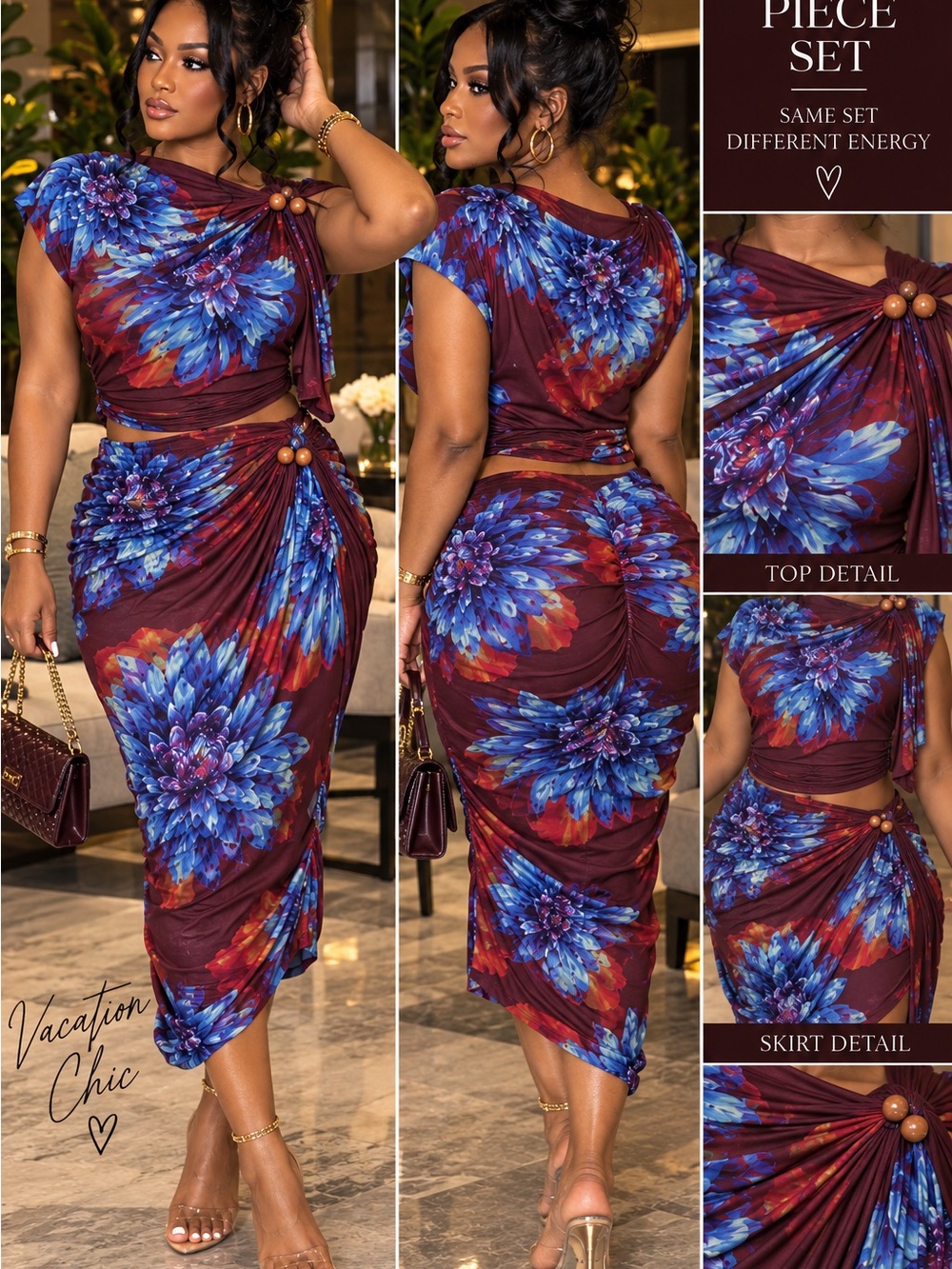 kathy ireland Burgundy Midi Skirt with Blue Floral Print